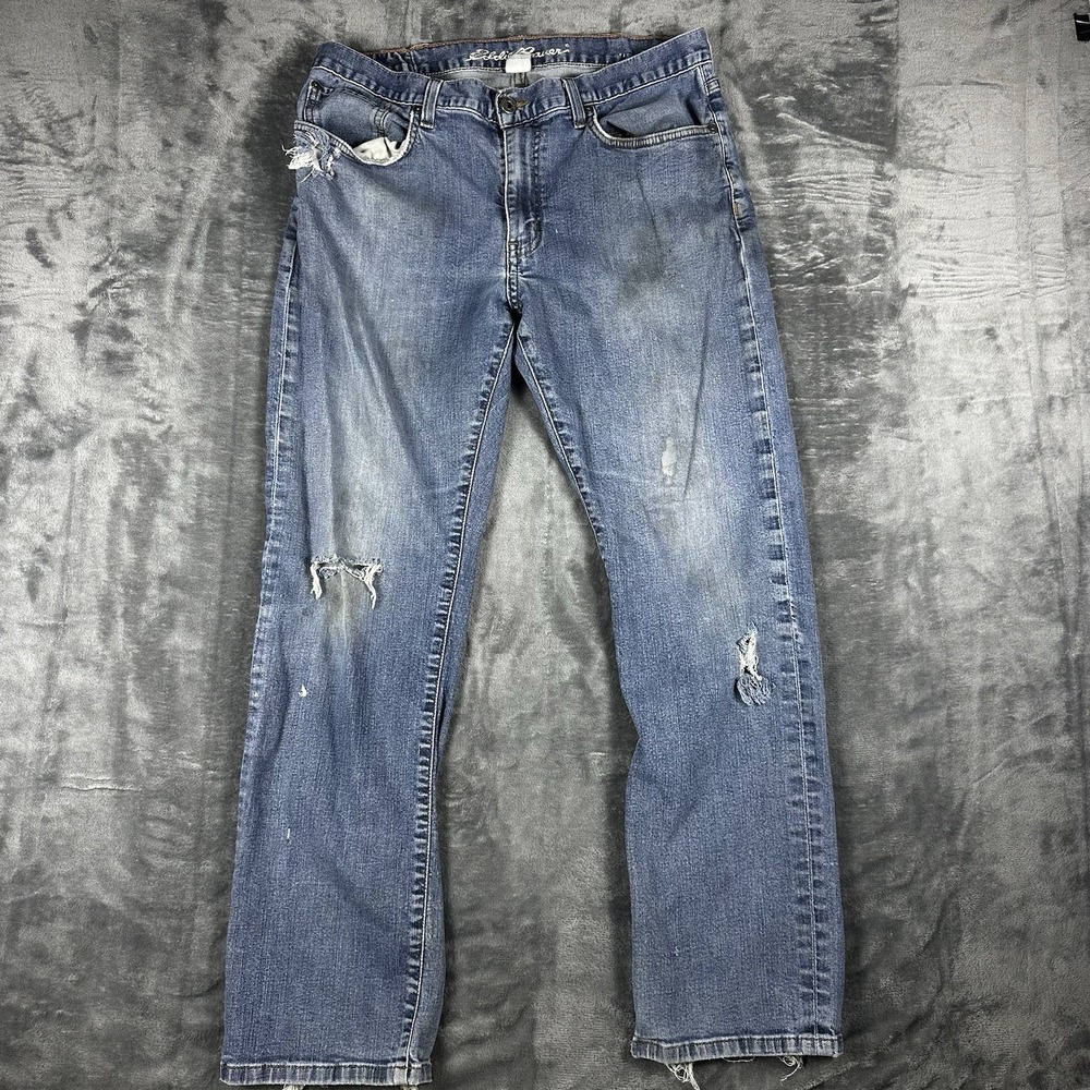 Eddie Bauer Distressed Jeans Men's 36 Waist Blue Denim Straight Leg Ripped